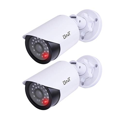 BNT Dummy Fake Security Camera, with One Red LED Light at Night, for Home and Businesses Security Indoor/Outdoor (2 Pack, White)