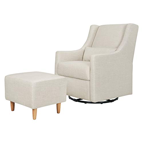 Babyletto Toco Upholstered Swivel Glider and Stationary Ottoman in White Linen, Greenguard Gold Certified