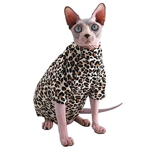 Limited Edition Brown Leopard Sphynx Hairless Cat Summer Cotton T-Shirts Pet Clothes, Round Collar Vest Kitten Shirts Sleeveless, Cats & Small Dogs Apparel (L (6.6-8.8 lbs), Leopard)