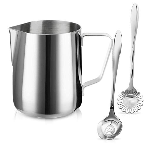 Milk Frothing Pitcher Jug - 12oz/350ML Stainless Steel Coffee Tools Cup - Suitable for Espresso, Latte Art and Frothing Milk, Attached Dessert Coffee Spoons