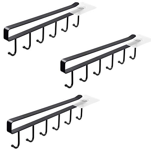 Alliebe 3 Pack Mug Cups Wine Glasses Storage Hooks Kitchen Utensil Ties Belts and Scarf Hanging Hook Rack Holder Under Cabinet Closet Without Drilling (Black)