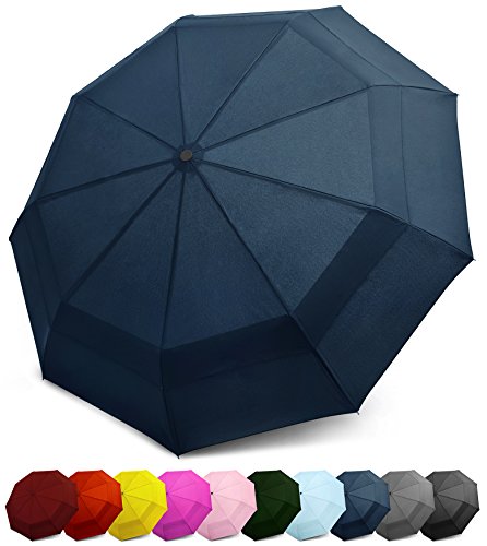 EEZ-Y Windproof Travel Umbrella - Compact Double Vented Folding Umbrella w/ Auto Open and Close Button