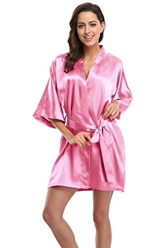 Women's Satin Short Kimono Robe Bridesmaid Robes Solid Color Bathrobe for Wedding-Deep Pink XL