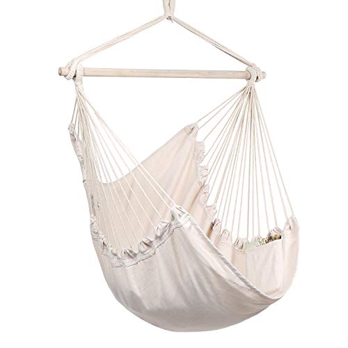 Y- STOP Hammock Chair Hanging Rope Swing - Max 330 Lbs - Quality Cotton Weave for Superior Comfort & Durability (Beige)