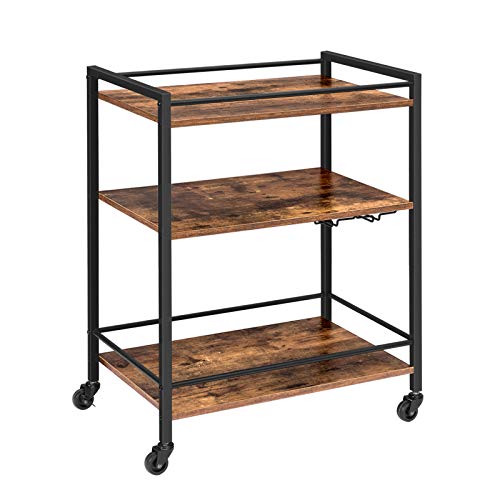 HOOBRO Bar Cart, Rolling Serving Cart with Wine Glasses Hooks, 3-Tier Utility Cart with Lockable Castors, Adjustable Feet, Kitchen Stand with Storage Shelves, Easy Assembly Rustic Brown BF02TC01