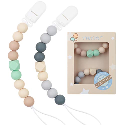 Pacifier Clip Baby Boys Silicone Paci Clip Teething Relief Teether Toy Soothie Binky Holder BPA Free Chewbeads Birthday Christmas Shower Gift Set of 2 (Beige, Grey)