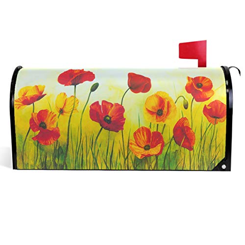 Wamika Art Red Poppy Flowers Mailbox Cover Spring Lawn Painting Mailbox Covers Magnetic Mailbox Wraps Post Letter Box Cover Standard Size 18' X 21'