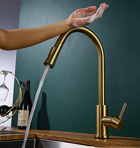 Hongala Stainless Steel Sensor Kitchen Faucets Touch Inductive Sensitive Faucet Mixer Tap with Pull Down Sprayer Single Handle Dual Outlet Water Modes (Gold)