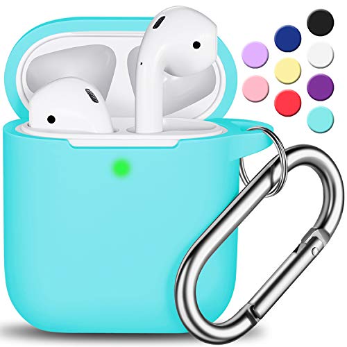 AirPods Case Cover with Keychain, Full Protective Silicone AirPods Accessories Skin Cover for Women Girl with Apple AirPods Wireless Charging Case,Front LED Visible-Mint Green