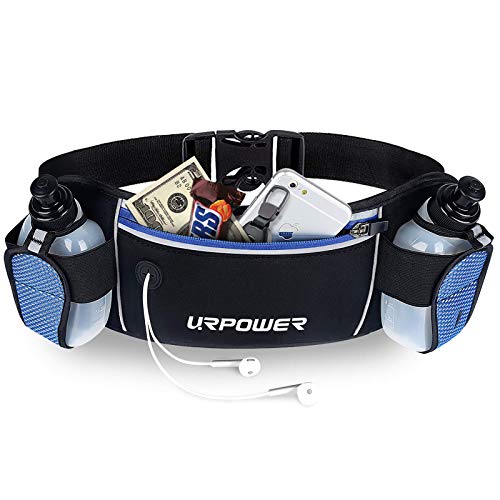 URPOWER Running Belt Multifunctional Zipper Pockets Water Resistant Waist Bag, With 2 Water Bottles Waist Pack for Running Hiking Cycling Climbing. And for 6 inches Smartphones