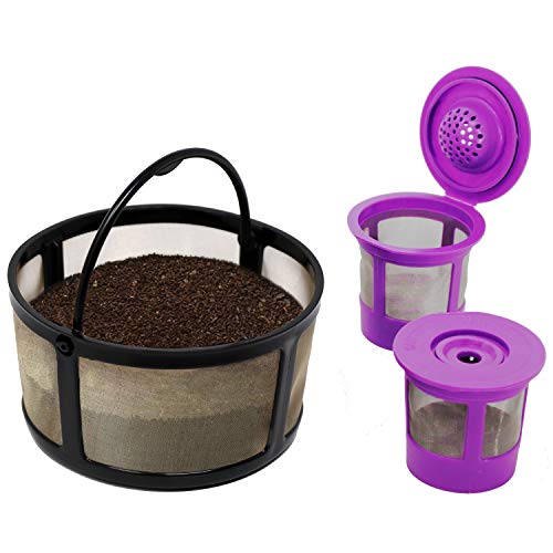 Reusable Mesh Ground Coffee Filter Carafe for Keurig K-Duo Essentials and K Duo Brewers Machine, With 2 Refillable K Cups Pod by PureHQ - Gold Tone Mesh Filter - Value Pack