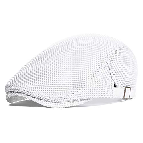 BABEYOND Men's Mesh Flat Cap Breathable Summer Newsboy Hat Beret Cabbie Ivy Hat Gatsby Newsboy Hat for Driving Hunting (White, Polyester & Alloy)