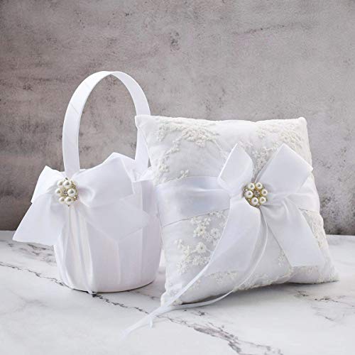 ATAILOVE Wedding Flower Girl Basket and Ring Bearer Pillow Set, Satin Bow Lace Rhinestone Collection (White)