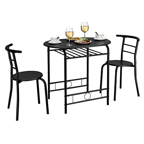 VINGLI 3 Piece Dining Set Small Dining Table and 2 Chairs Kitchen Breakfast Dining Table Set with Metal Frame and Wine Rack (Black)