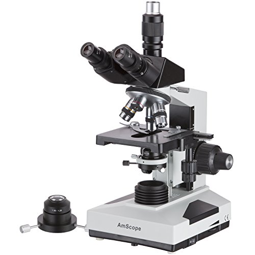 AmScope T490B-DK Compound Trinocular Microscope, WF10x and WF20x Eyepieces, 40X-2000X Magnification, Brightfield/Darkfield, Halogen Illumination, Abbe Condenser, Double-Layer Mechanical Stage, Sliding Head, High-Resolution Optics