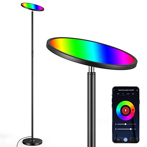 Smart WiFi LED Floor Lamp, Sky LED Torchiere Tall Standing Lamp for Reading Living Room Bedroom, Color Changing Dimmable Smart Lamp Works with Alexa Google Home, Super 2000LM, APP&Touch Control, Black