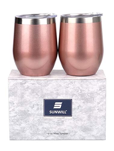 SUNWILL Insulated Wine Tumbler with Lid Rose Gold 2 pack, Double Wall Stainless Steel Stemless Insulated Wine Glass 12oz, Durable Insulated Coffee Mug, for Champaign, Cocktail, Beer, Office