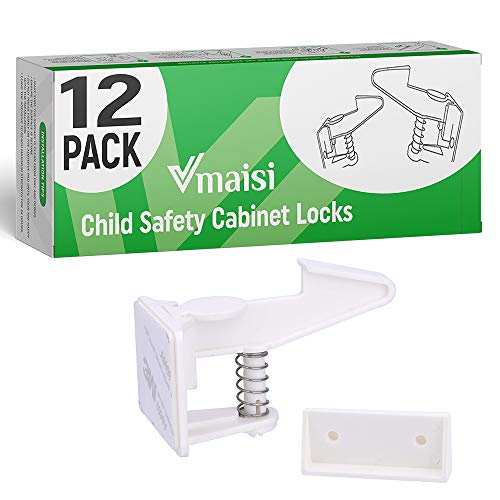 Cabinet Locks Child Safety Latches - Vmaisi 12 Pack Baby Proofing Cabinets Drawer Lock with Adhesive Easy Installation - No Drilling or Extra Screws (White)