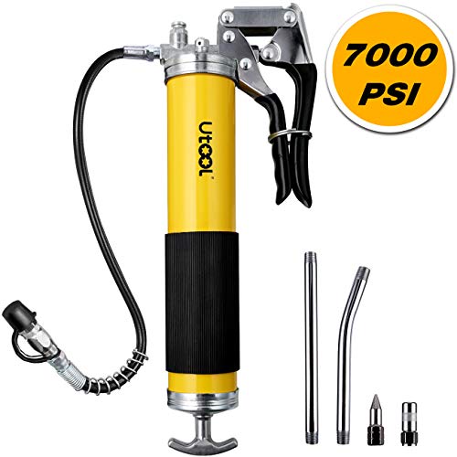 UTOOL Grease Gun, 7000 PSI Heavy Duty Pistol Grip Grease Gun Set with 14 oz Load, 18 Inch Spring Flex Hose, 2 Working Coupler, 2 Extension Rigid Pipe and 1 Sharp Type Nozzle Included, Yellow