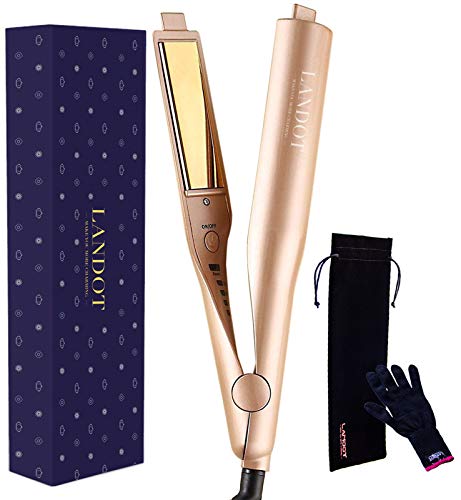 LANDOT 2-in-1 Flat Iron Hair Straightener and Curler Professional Twist Curling Straightening Iron in One Dual Voltage Hair Styling Tools with 1 Inch 3D Titanium Plate Gold Color
