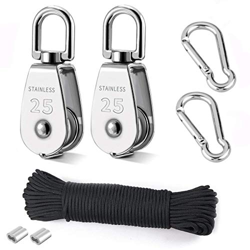 TooTaci 2Pcs 25MM Single Pulley Block Sets in 304 Stainless Steel, M25 Lifting Single Pulley Block Cable Wire Towing Wheel with 20 Meter Nylon Rope & 2 Pcs Carabiner Snap Hook Clips