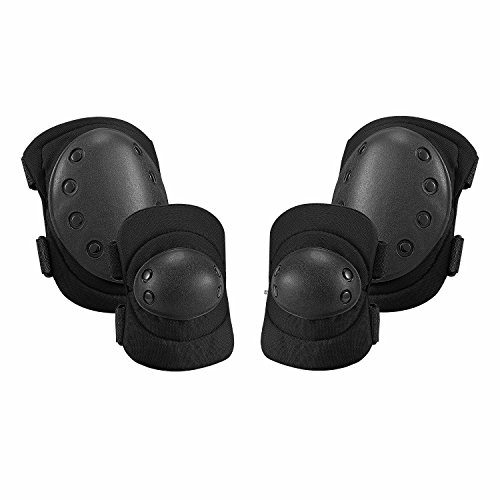 Military Tactical Knee Pad Elbow Pad Set,Airsoft Knee Elbow Protective Pads Combat Paintall Skate Outdoor Sports Safety Guard Gear (2*Knee Pad and 2*Elbow Pad )-Black