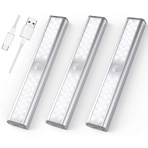 LED Closet Light Motion Activated - Newest 46 LED Under Cabinet Lights, USB Rechargeable, 3 Modes Dimmable, Stick-on Anywhere Wireless Motion Sensor Lights for Stairs Wardrobe Kitchen Hallway (3 Pack)