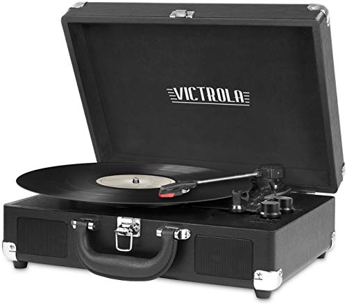 Victrola Vintage 3-Speed Bluetooth Portable Suitcase Record Player with Built-in Speakers | Upgraded Turntable Audio Sound| Includes Extra Stylus | Black