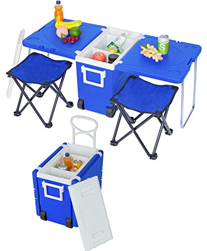 Rolling Cooler Ice Chest w/Handle and 2 Stools, Cooler Picnic Camping Included Foldable Table Outdoor Portable Park Cooling Bins Cart on Wheels for Beach Patio Party Bar Cold Drink Beverage, Blue
