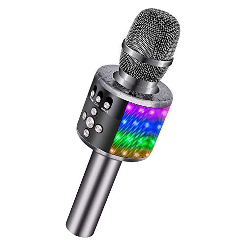 BONAOK Wireless Bluetooth Karaoke Microphone with Controllable LED Lights, Portable Handheld Karaoke Speaker Machine Christmas Birthday Home Party for Android/iPhone/PC or All Smartphone(Space Gray)