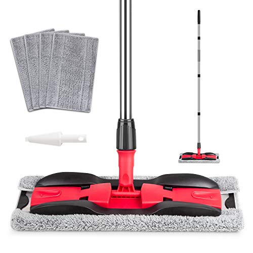 MEXERRIS Microfiber Floor Mop for Hardwood Cleaning 360 Rotating Dust Wet Mop with Aluminum Extended Handle, 4 Reusable Washable Mop Pads Cloth and 1 Scraper