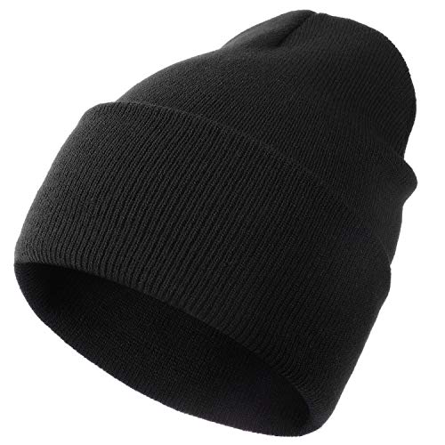 Mens Winter Knitted Beanie Slouchy Cuffed Rib Knit Watch Hat Acrylic Plain Skull Cap for Men Black