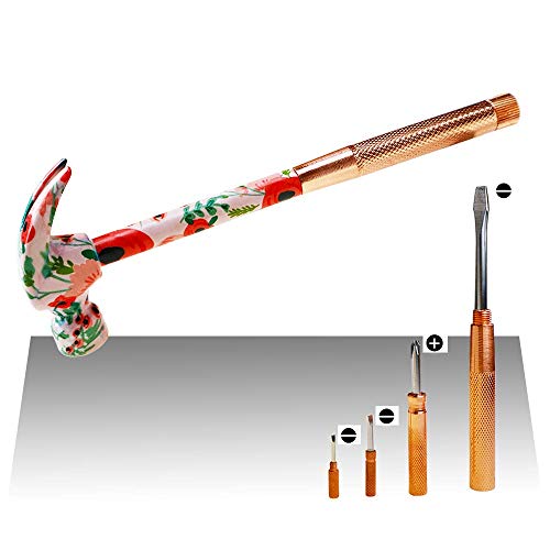 GS Tools 6 In 1 Claw Hammer and Screwdriver Multi-Tool with Floral Print, Garden Tool with Slotted 2, 3, 4.5, PH 1, Tack Puller and Hammer Best Gift for Him and Her
