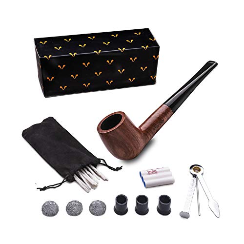 Tobacco Pipe Set, Free Boy Handmade Wooden Straight Stem Smoking Pipe with Accessories (Filter Elements, Filter Balls, 3 in 1 Scraper, Pipe Cleaners, Pipe Tip Grips, Bag, Box)