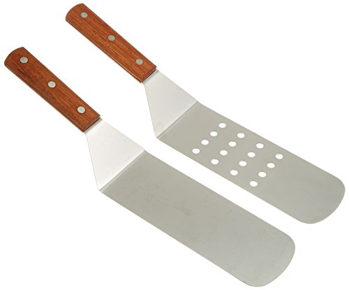 Overstockedkitchen New Grill, Turner, Stainless Steel, Riveted Smooth Wood Handle, Commercial Grade, One Perforated & Solid Face Spatula, Set of 2