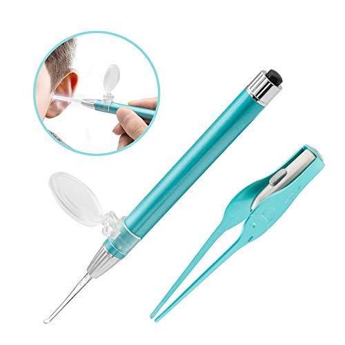 Ear Wax Removal Tool Kit with Magnifier and Light (Ear Pick & Tweezers), Earwax Remover Cleaner Set with Gift Box for Ear Care & Cleaning, Ear Spoon Picker Products Earpicks for Adults & Kids (Blue)