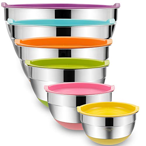 Mixing Bowls with Airtight Lids, 6 piece Stainless Steel Metal Bowls by Umite Chef, Measurement Marks & Colorful Non-Slip Bottoms Size 7, 3.5, 2.5, 2.0,1.5, 1QT, Great for Mixing & Serving