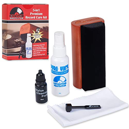 Collector Protector 5-in-1 Vinyl Record Cleaner Kit | Includes Soft Velvet Record Brush, Pure Vinyl Cleaning Solution, Stylus Cleaner & Brush, Microfiber Cloth & Storage Pouch