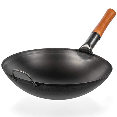 Pre-Seasoned Carbon Steel Wok Pan - 14 “ Woks and Stir Fry Pans - Chinese Wok with Round Bottom Wok - Traditional Chinese Japanese Woks - Black Steel Wok
