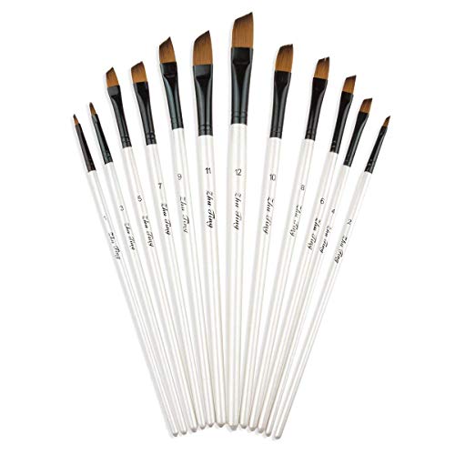 CBTONE Angular Paint Brush, 12pcs Nylon Hair Angled Paint Brushes Set Art Paintbrush for Watercolor, Acrylic, Gouache, Oil Painting - White