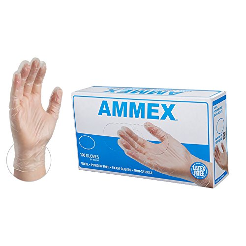 AMMEX Medical Clear Vinyl Gloves, Box of 100, 4 mil, Size Medium, Latex Free, Powder Free, Disposable, Non-Sterile, VPF64100-BX