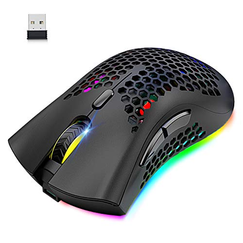 Wireless Lightweight Gaming Mouse Honeycomb with 7 Button Multi RGB Backlit Perforated Ergonomic Shell Optical Sensor Adjustable DPI Rechargeable 800 mAh Battery USB Receiver for PC Mac Gamer(Black)