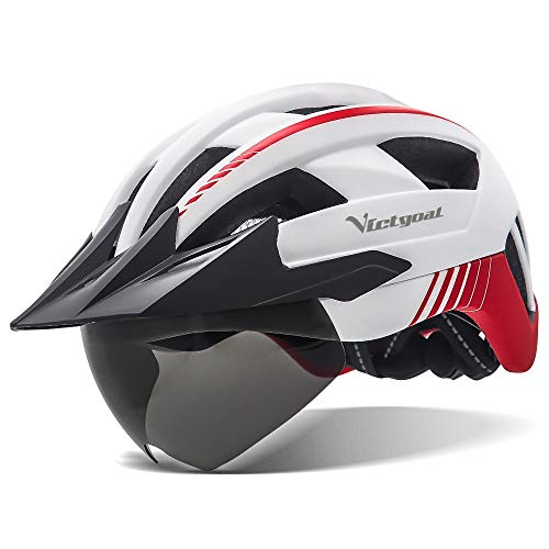 VICTGOAL Bike Helmet with USB Rechargeable Rear Light Detachable Magnetic Goggles Removable Sun Visor Mountain & Road Bicycle Helmets for Men Women Adult Cycling Helmets (White)