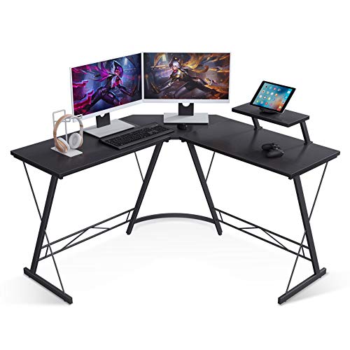 Coleshome L Shaped Desk, 51' Home Office Desk with Shelf, Gaming Computer Desk with Monitor Stand, PC Table Workstation with Shelf, Black