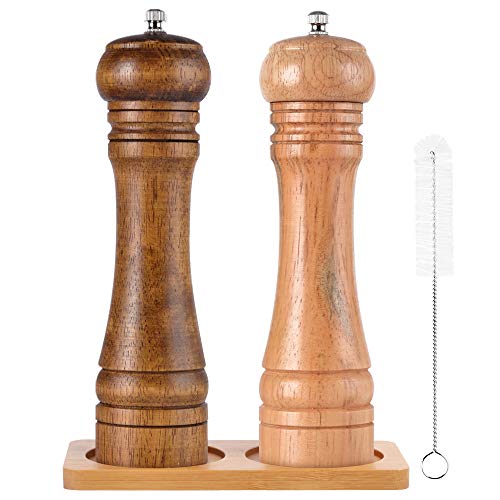 SZUAH Salt and Pepper Grinders, Oak Wooden Salt and Pepper Mills Shakers with Cleaning Brush & Wood Stand, Ceramic Rotor with Strong Adjustable Coarseness[Set of 2]