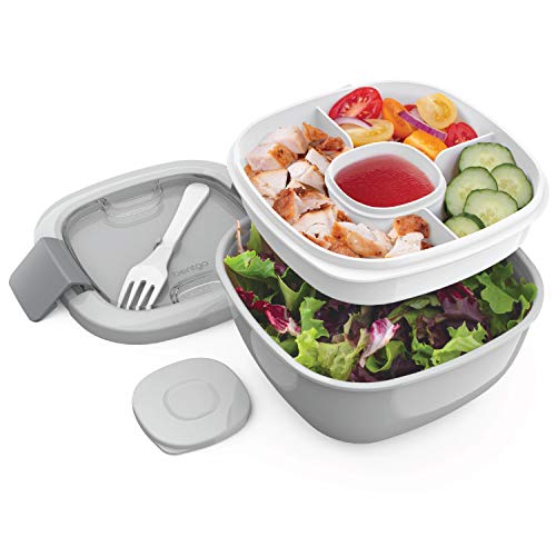 Bentgo Salad BPA-Free Lunch Container with Large 54-oz Salad Bowl, 3-Compartment Bento-Style Tray for Salad Toppings and Snacks, 3-oz Sauce Container for Dressings, and Built-In Reusable Fork (Gray)
