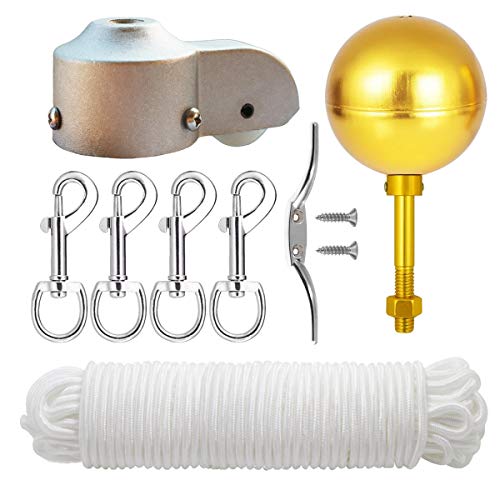 EKEV Flag Pole Hardware Parts Repair Kits - 3' Topper Gold Ball + 50 Ft Halyard Rope + 6' Cleat Hook + 4 Flag Swivel Snap Hooks + Flagpole Pulley Truck for 2' OD Tube