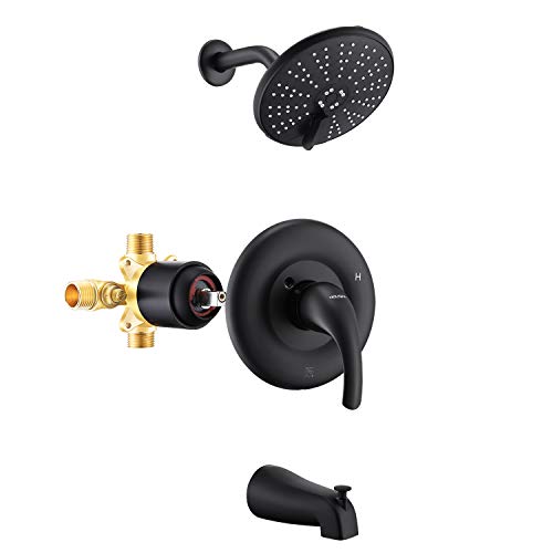 Holispa Matte Black Shower Faucet, Tub and Shower Faucet Set with 6-Inch Three Setting Spray Rain Shower head, Pressure Balance Valve Kit with Trim and Diverter for Bathroom