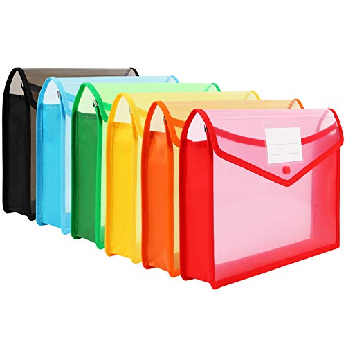 Plastic File Folder Poly Envelopes Expanding File Wallet Document Folder with Snap Closure/Label Pocket, 6 Pack A4/Letter Size Waterproof Accordion File Pouch for Office Organization (Assorted Color)