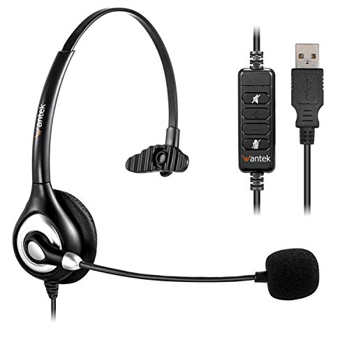 Corded USB Headsets Mono with Noise Cancelling Mic and in-line Controls, Wantek UC Business Headset for Skype, SoftPhone, Call Center, Crystal Clear Chat, Super Lightweight, Ultra Comfort (UC600)